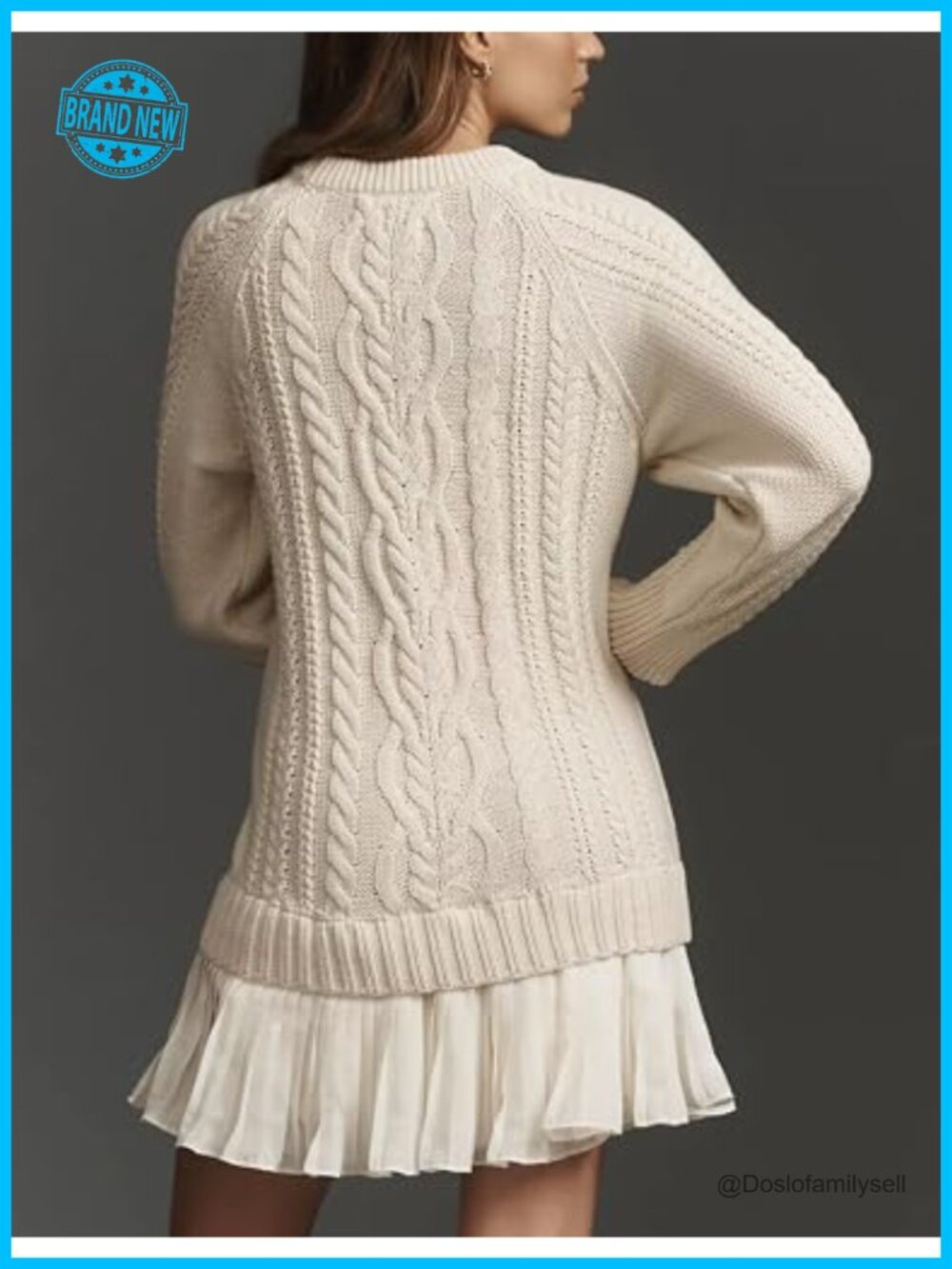 Cable Knit Sweater Mini Dress Crewneck Long Sleeve Pleated Twofer - Picture 2 of 6